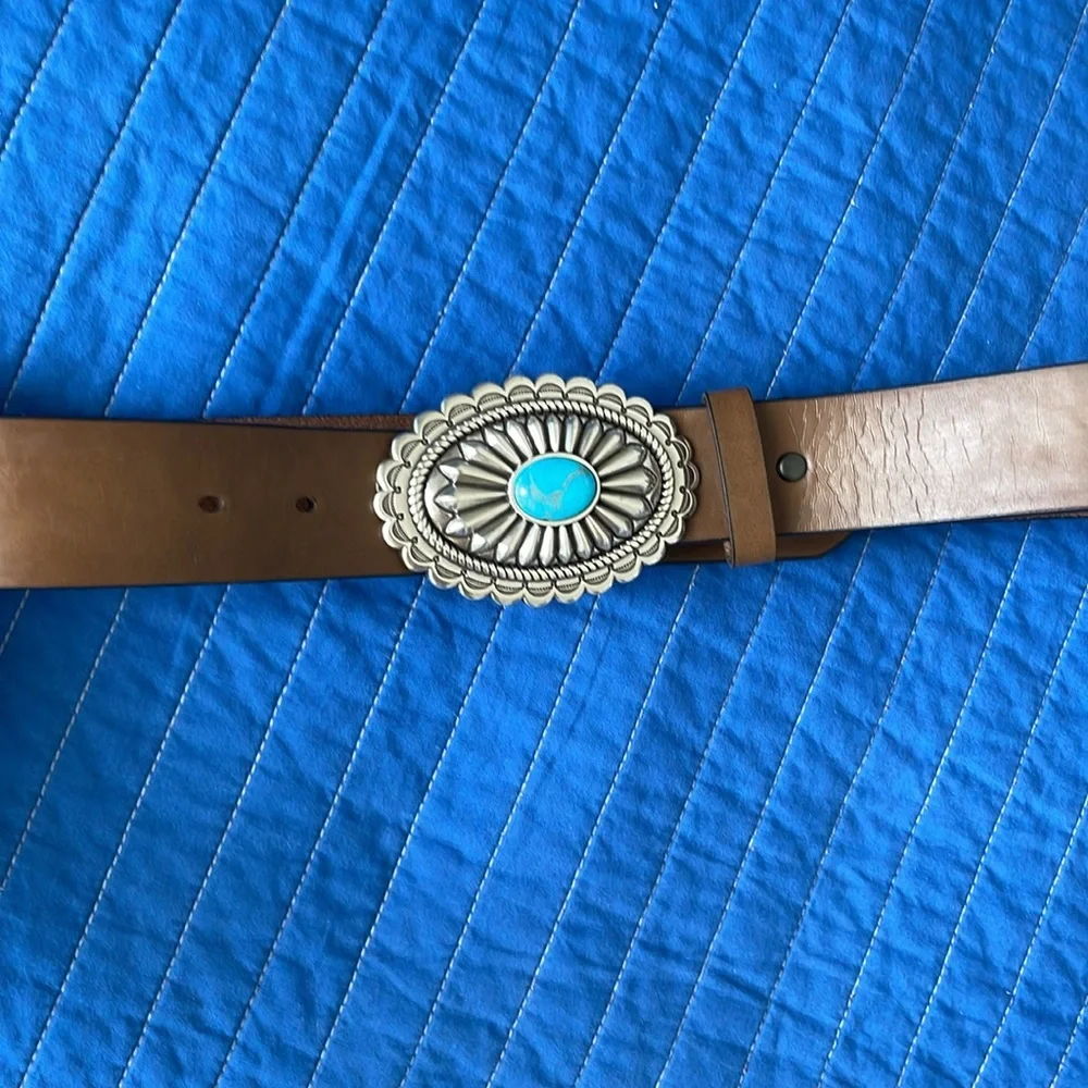 ARIAT Lucinda Womens brown leather oval turquoise silver concho western belt - Picture 2 of 10